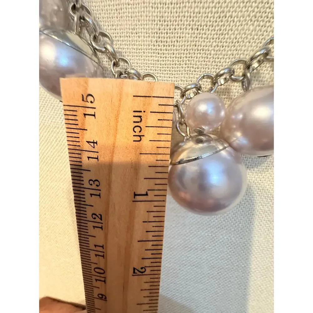 Vintage Silver Tone Faux Pearl Charm Statement Necklace